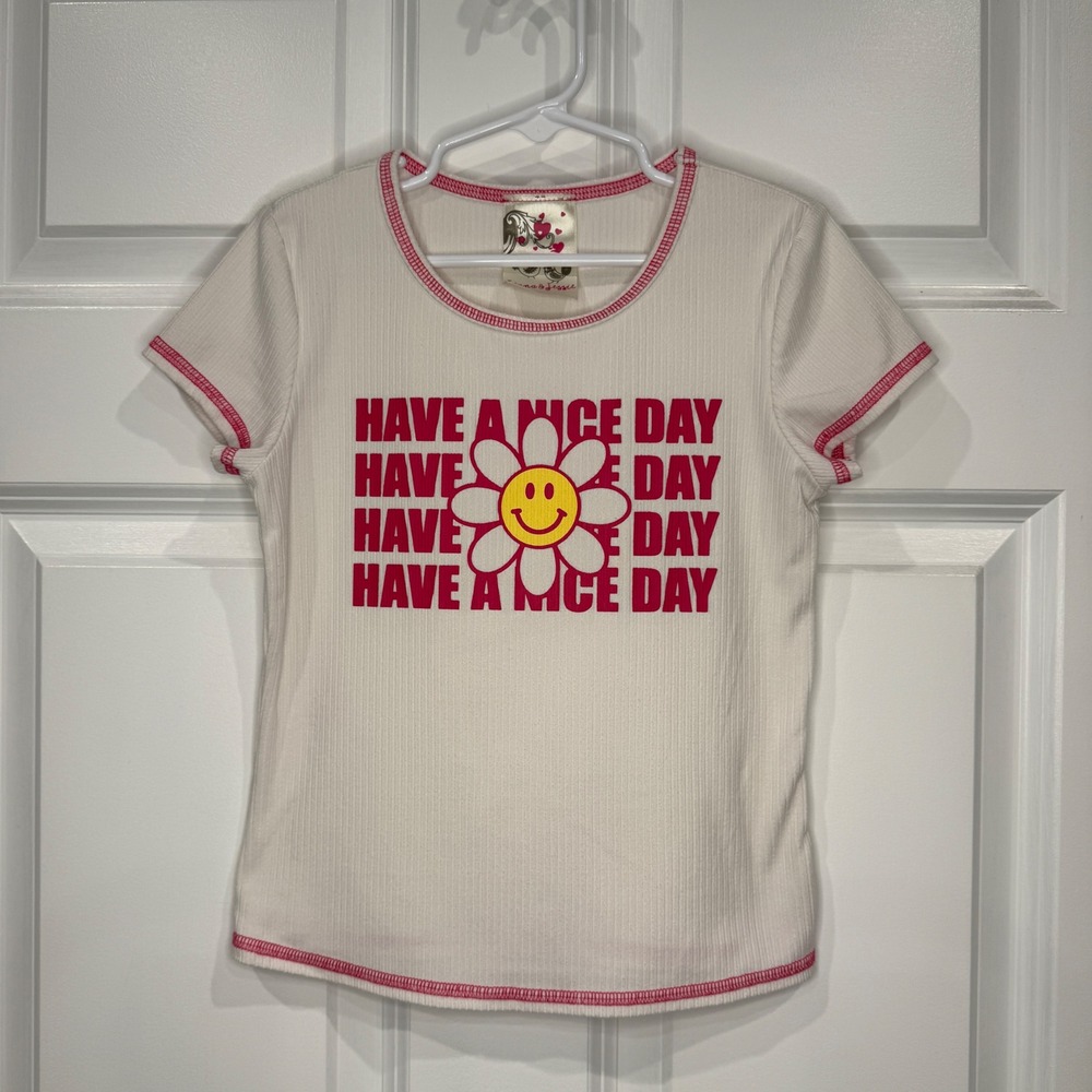 Jenna & Jessie Girls Ribbed Have A Nice Day Smiley Daisy Graphic Tee Size 8